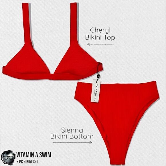 VITAMIN A SWIM BIKINI SET: CHERYL TOP + SIENNA HIGH WAIST BOTTOM IN MARISOL RED - Picture 7 of 15